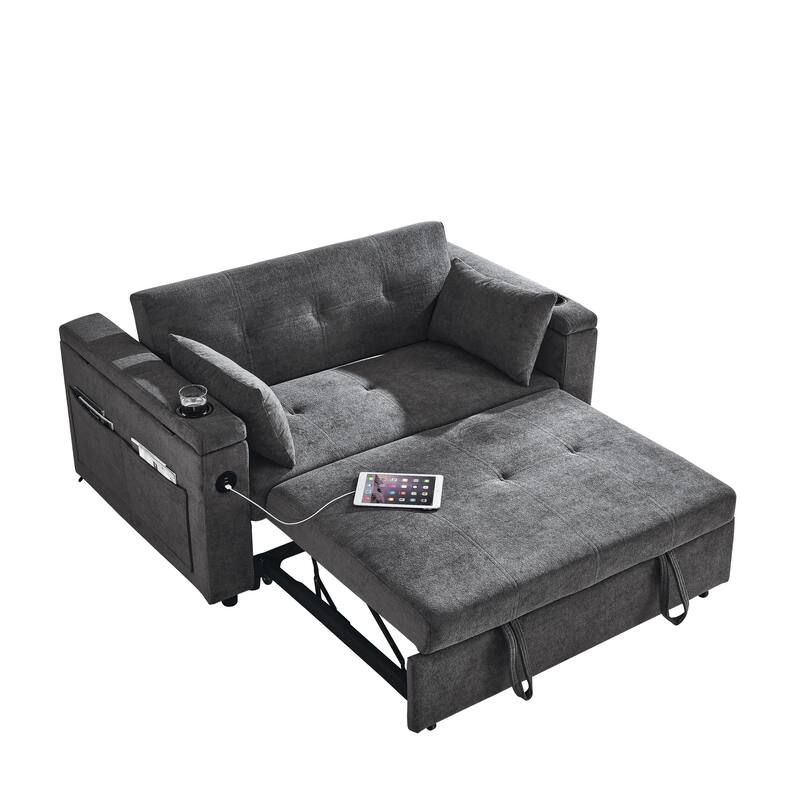 Chenille Pull-Out Sleeper Loveseat Bed Adjustable Backrest Tufted Futon Sofa with 2 Pillow and USB Ports, Pockets
