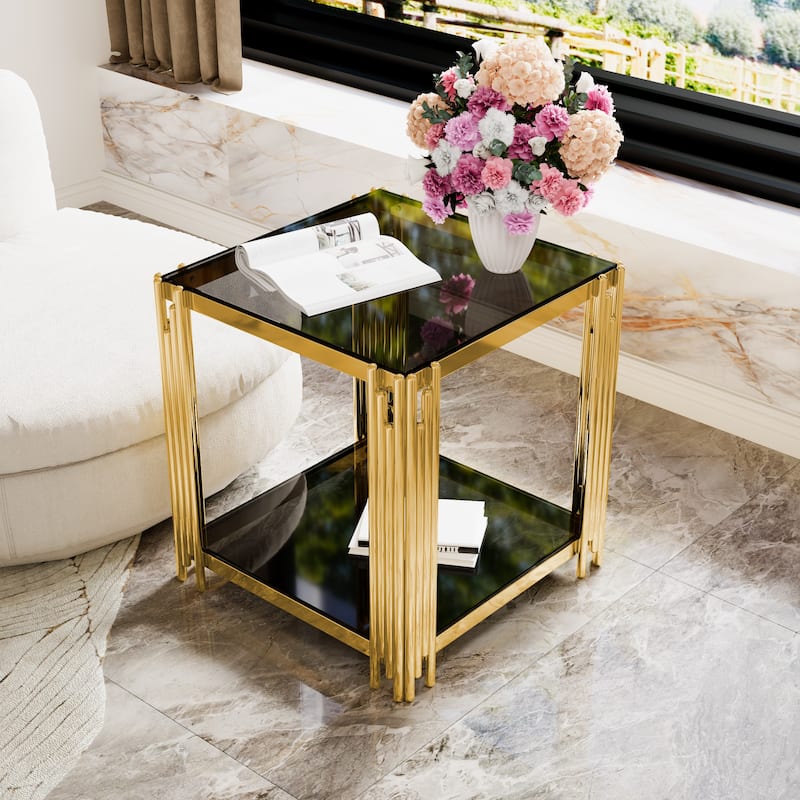 19.9" Modern Transparent Glass End Table for Living Room, Square,Asymmetrical Metal, Gold Finish & Lower Shelf