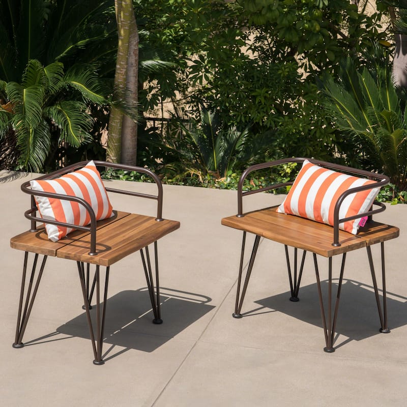 Roomfitters Outdoor Acacia Wood Chairs with Metal Backrest and Hairpin Legs, Set of 2, Teak