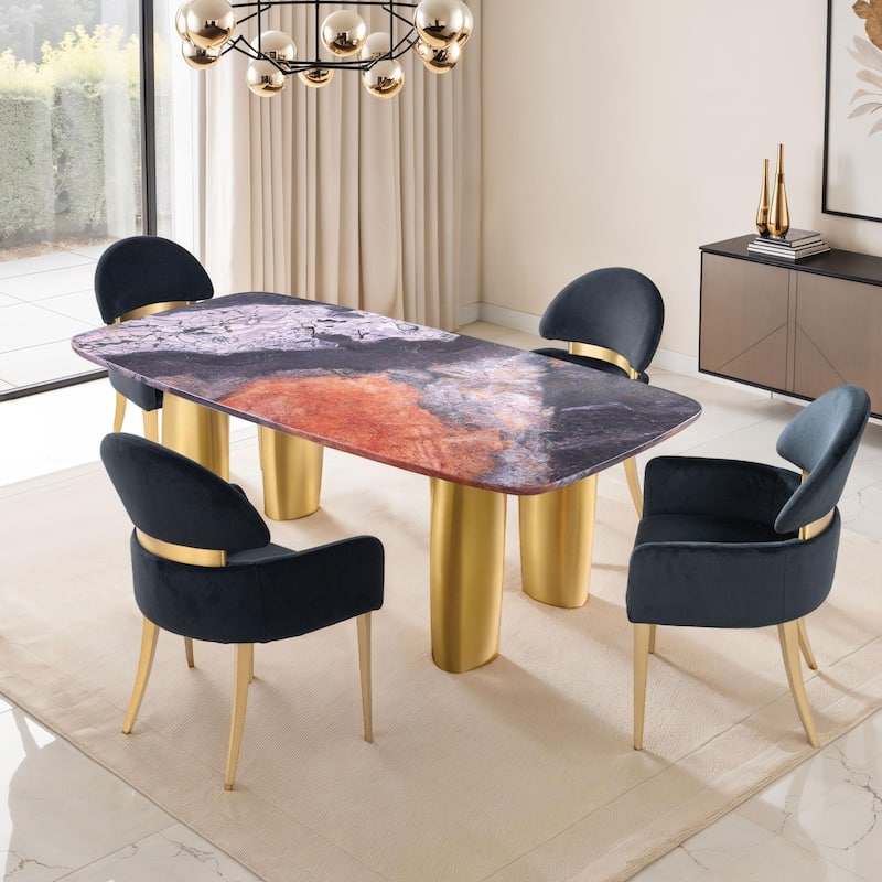 Furniture of America Luvien Modern 5-Piece Sintered Stone Top Dining Table Set - Multi Top with Black Chairs
