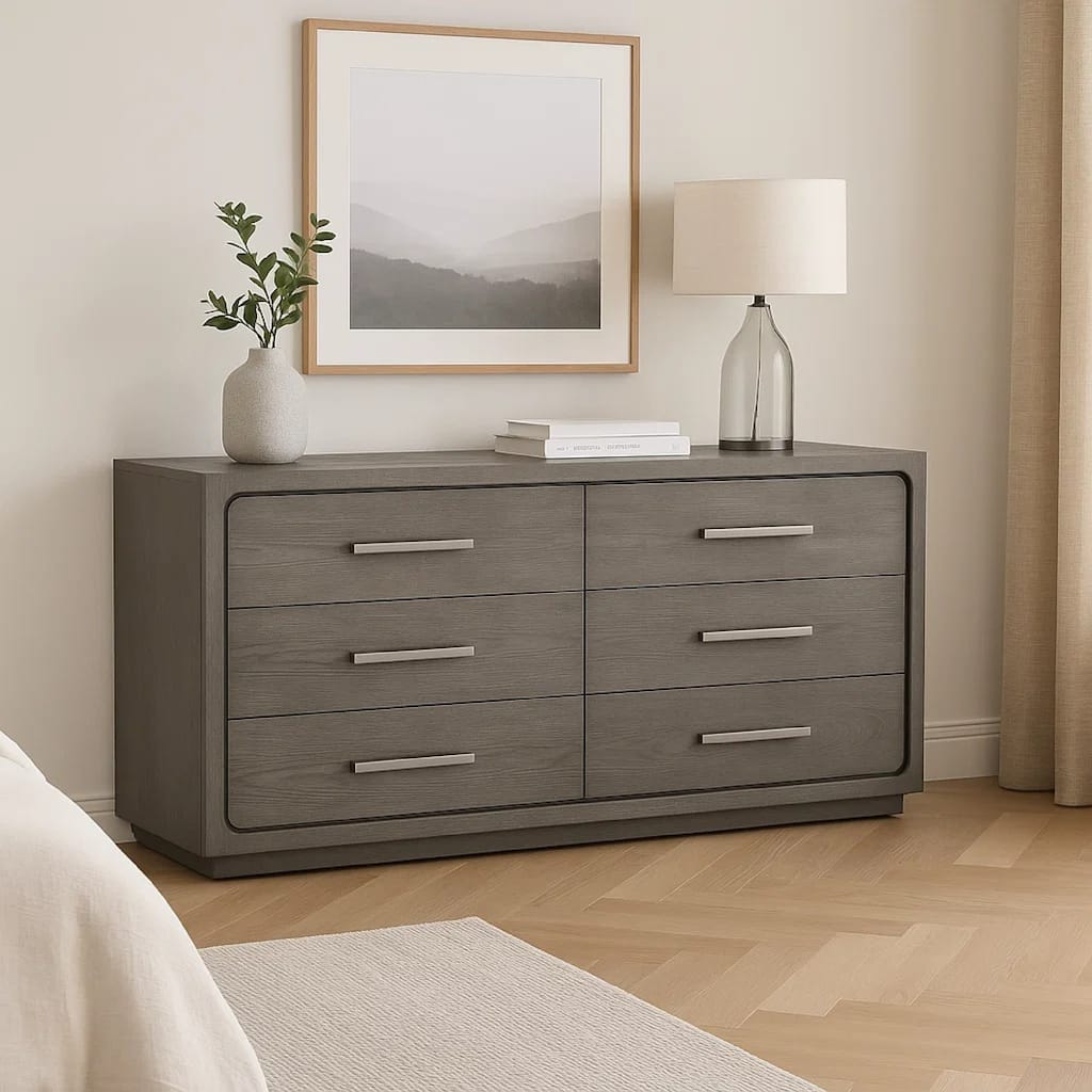 Thorne 6 Drawer Wide Dresser, Warm Gray Solid Wood Bedroom Storage