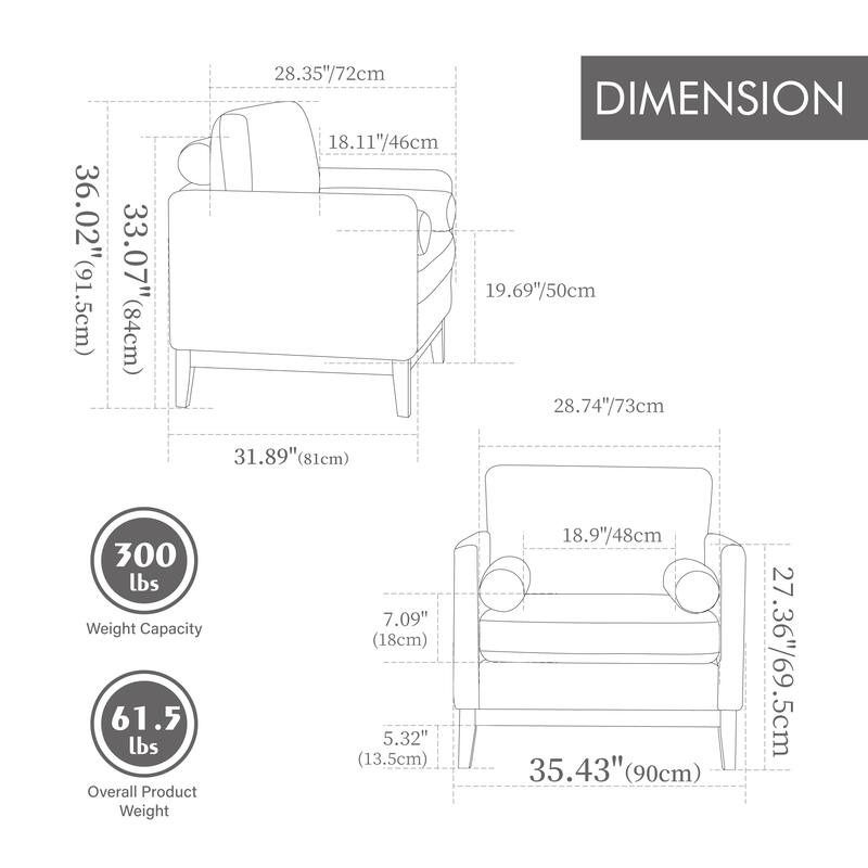 Roomfitters Boucle Accent Chair, Modern Farmhouse Armchair with Natural Wood Base and Bolster Pillows for Living Room or Office