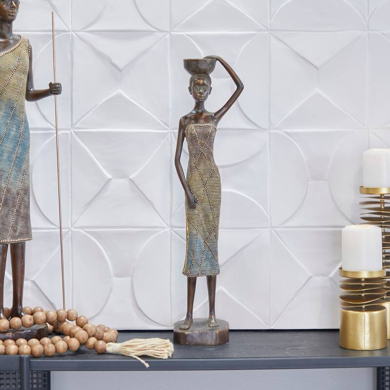 Brown Polystone Primitive African Mask and Standing African Woman Sculpture Wall Decor