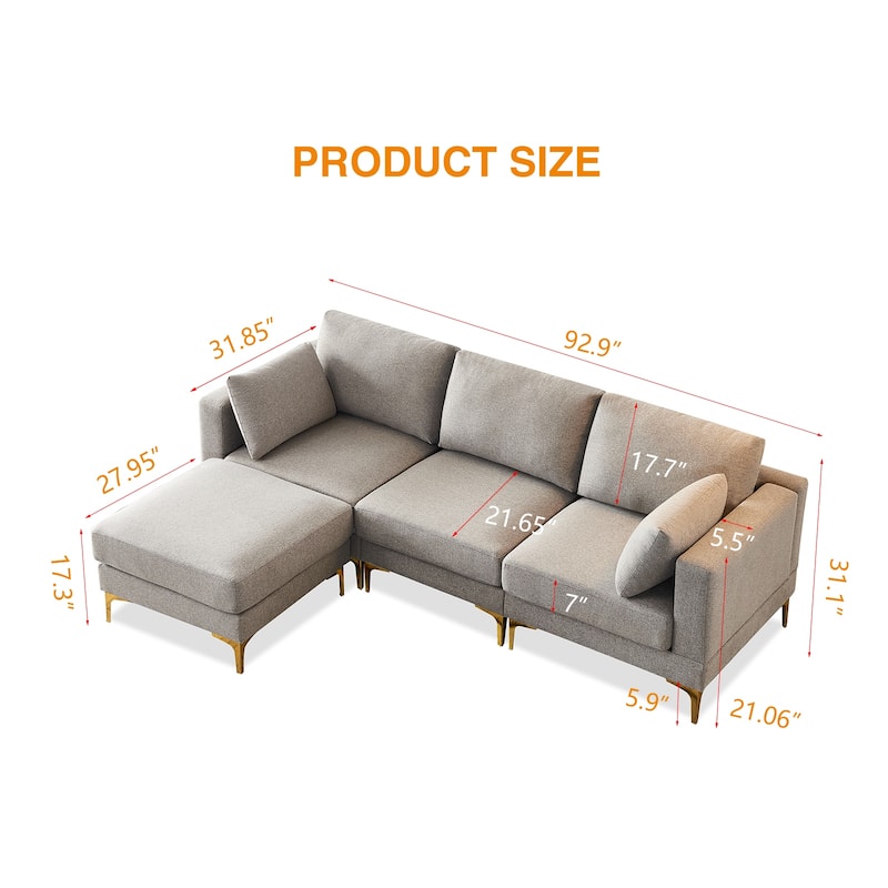 92'' Fabric L-Shape 3-Seater Sofa with Ottoman, Gold Metal Legs, and Toss Pillows