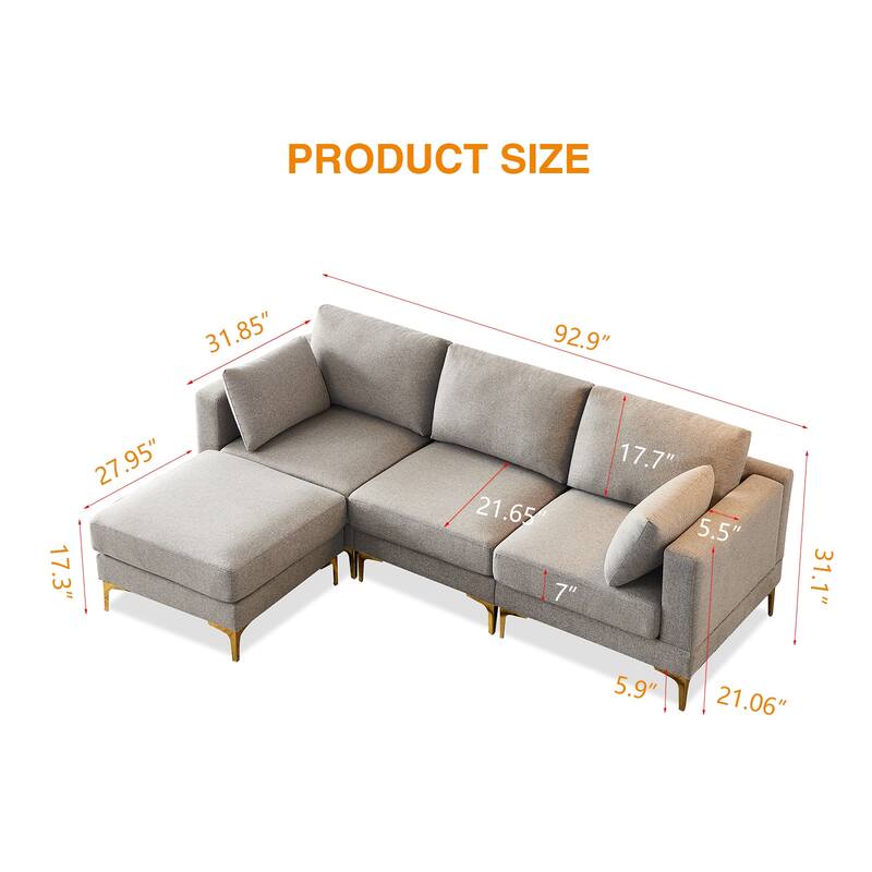 92'' Modern Turquoise L-Shaped 3 Seat Sofa with Ottoman, 2 Pillows, Gold Metal Legs, and Polyester Upholstery