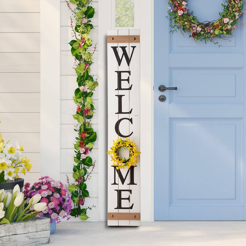 Glitzhome 60"H Wooden Welcome Porch Sign with 4 Floral Wreaths for Fall Halloween Thanksgiving Christmas Decoration