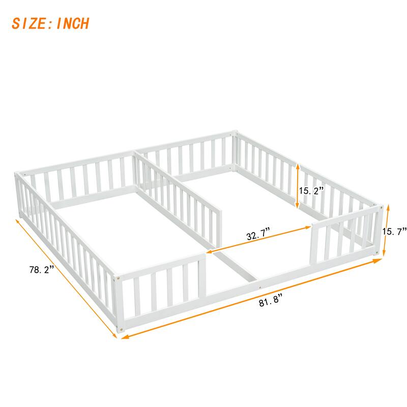 Roomfitters Double Twin Floor Bed Frame with Fence and Guardrails, Low Profile Shared Platform Bed, No Door Design