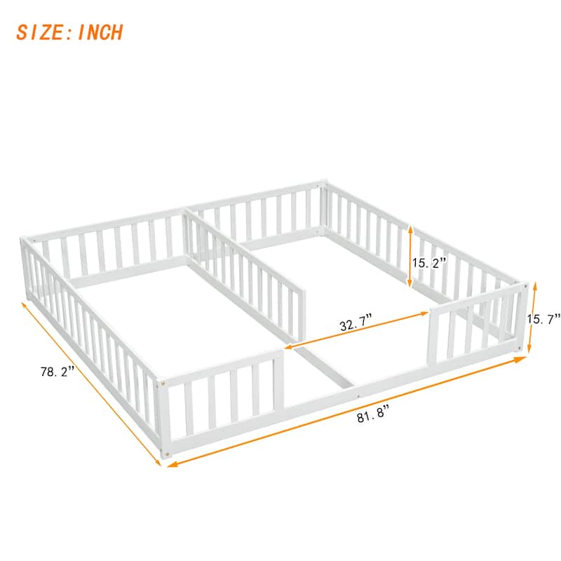 Twin Size Floor Bed with Fence, Guardrails, Without Door, Natural