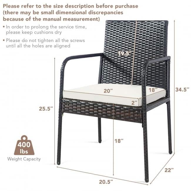 4 Pieces Patio Wicker Rattan Dining Set with Comfy Cushions - 22" x 20.5" x 34.5" (L x W x H)