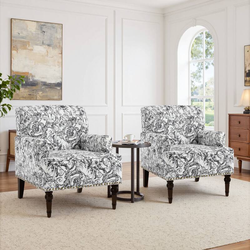 Linen Upholstered Armchair Nailhead Trim Accent Chair - 2 SET - ROCOCO BLACK