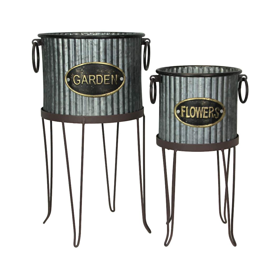 Zeckos Galvanized Metal Round Garden Planters With Stands (Set Of 2) - 19.25 X 12 X 12 inches