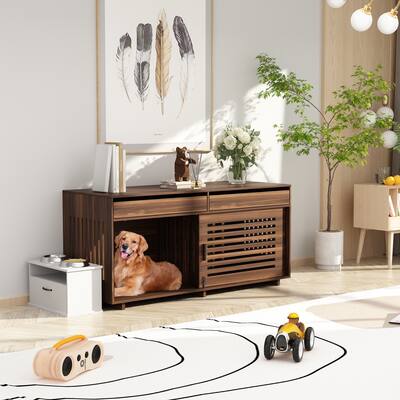63"W Elegant 2-in-1 Dog Crate with Ample Storage Drawers - Walnut