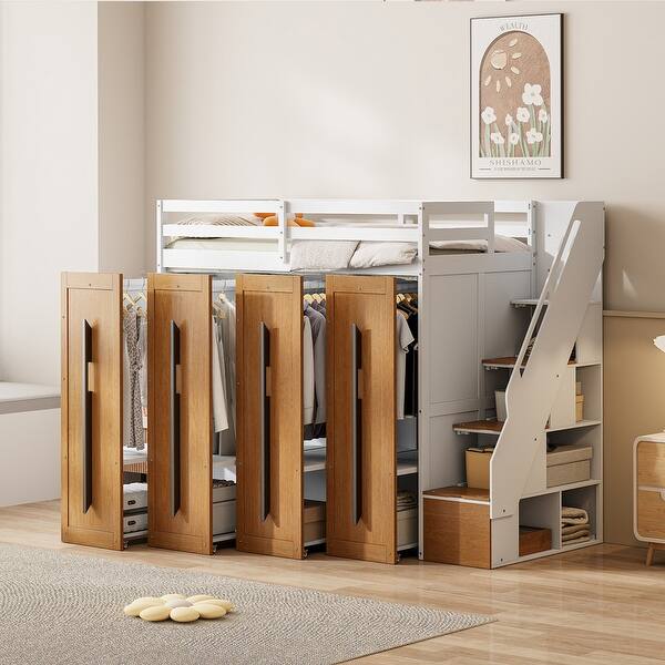 slide 2 of 20, Twin Size Loft Bed with Two-Tone Storage Stairs and Pull-Out Wardrobes White