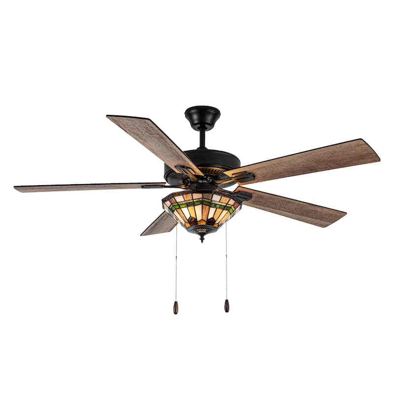 Shelby River of Goods Oil-Rubbed Bronze and Stained Glass 52-Inch 3-Light Ceiling Fan - 52" x 52" x 15"/20" - Green/Amber/Oil Rubbed Bronze - 52" x 52" x 15"/20" - Remote