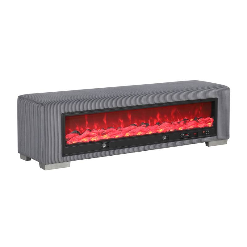 Furniture of America Goffney Chenille Bench with Fireplace Simulator and Bluetooth Audio