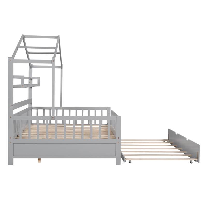 Merax Wooden House Bed with Twin Size Trundle