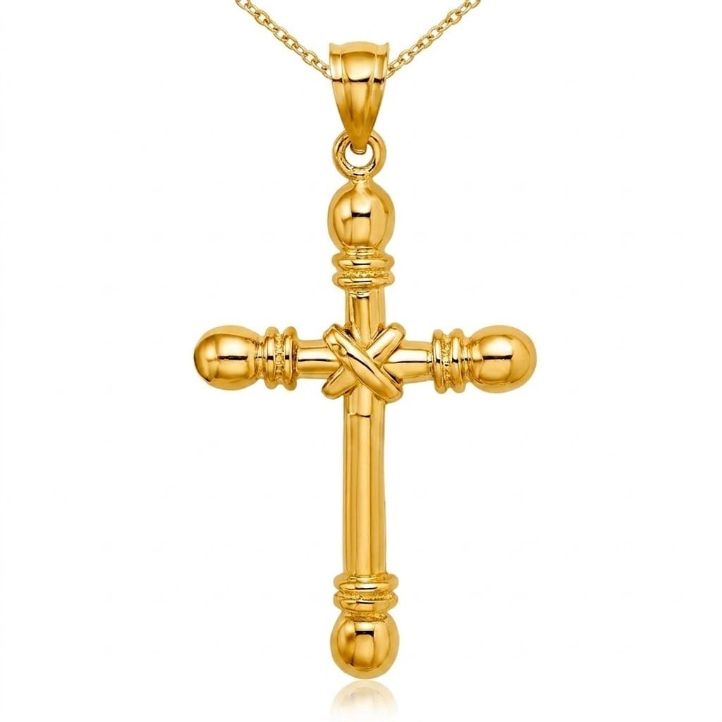 Curata 14k Solid Gold 18" 39X21mm Cylinder Tube Cross With X Center and Ball Tips Necklace