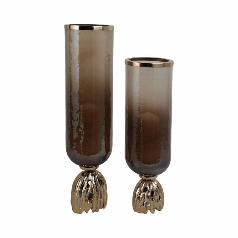 Glass Sculpted Base Hurricanes - Set of 2 - Brown, 20" - 23.0"