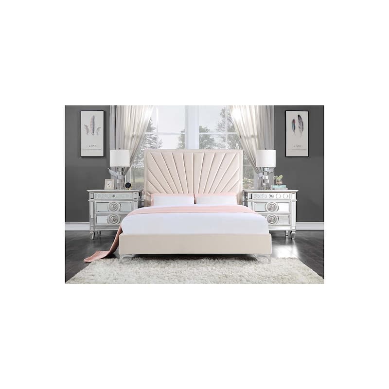 Gothic Glamour Queen Bed - Velvet Upholstered Platform Bed Frame - Modern Bedroom Furniture