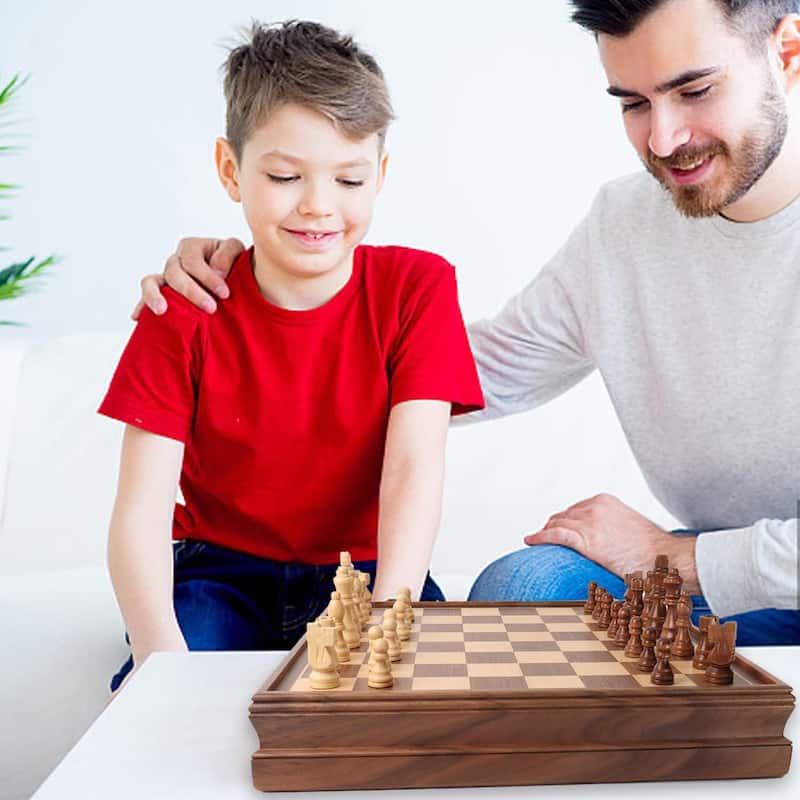 15" Large Wooden 2-in-1 Chess and Checkers Board Game Combo Set with Drawer