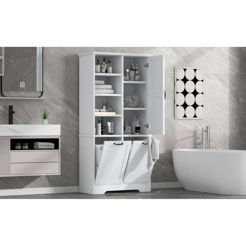 Roomfitters 68" Tall Bathroom Storage Cabinet with Dual Tilt-Out Laundry Hampers