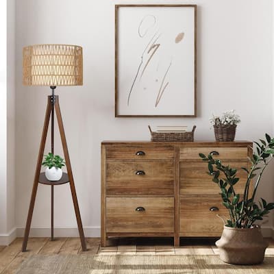 Bohemian Living Room Floor Lamp with Shelf and Rattan Shade - Brown