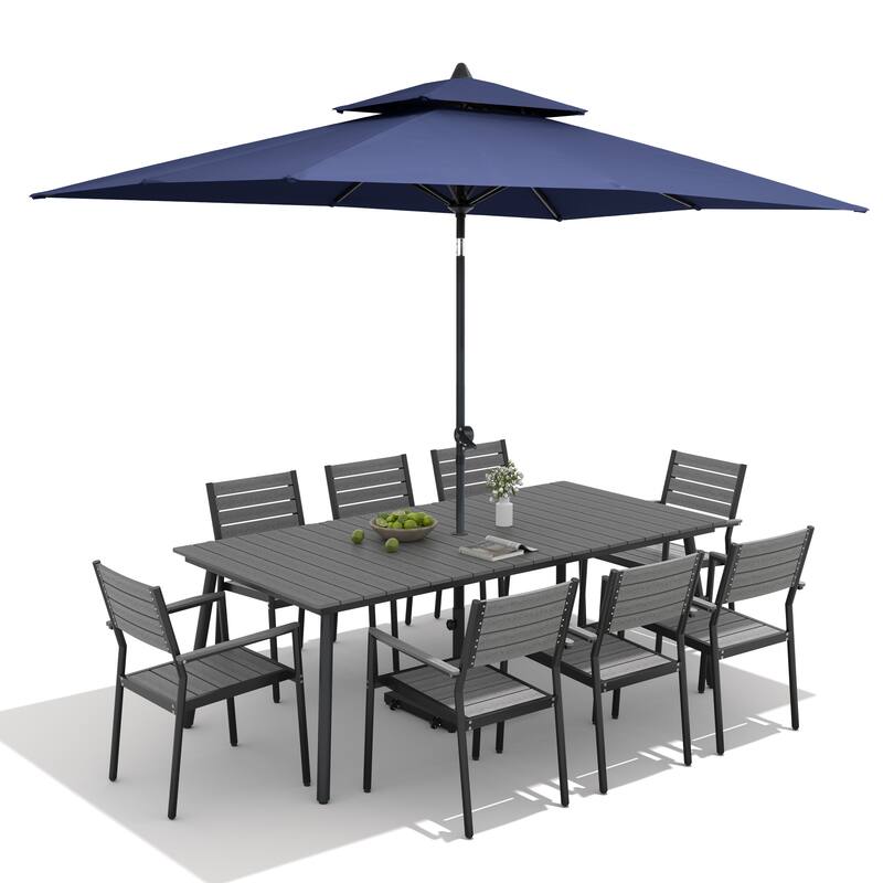 11-Piece Outdoor Dining Set 8 Stackable Chairs and Aluminum Table w/ 10 ft Umbrella and Base Stand