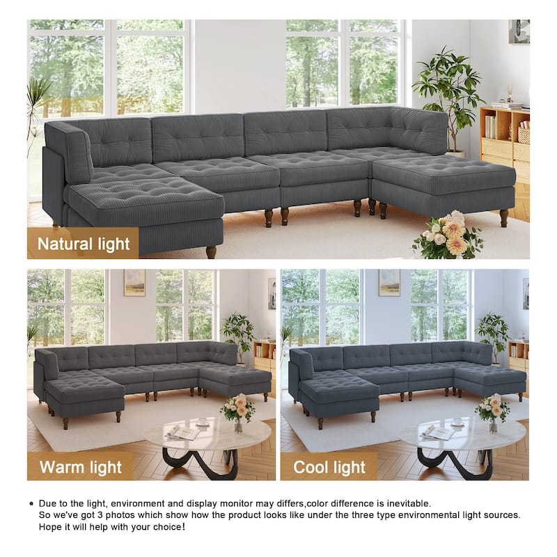 130"W Corduroy Upholstered Modular Sectional Sofa with Storage Ottoman