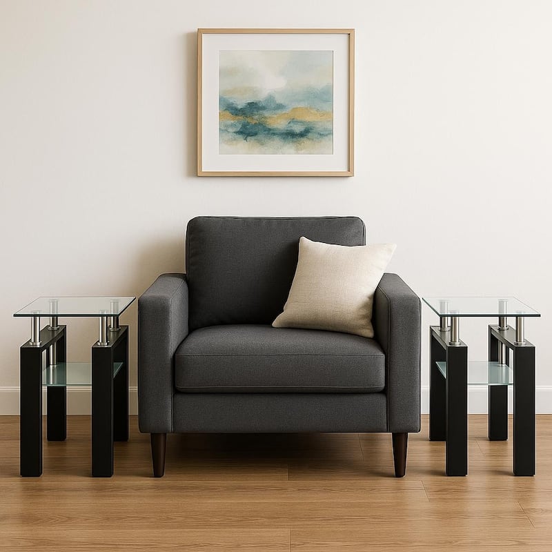 HomeRoots Set of Two Clear and Black Glass and Metal Square End Tables With Shelf - 17.71 in. x 20.47 in. x 17.71 in. - Clear - Glass