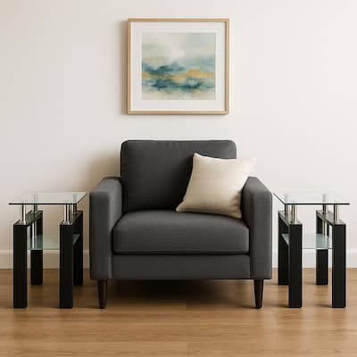 HomeRoots Set of Two Clear and Black Glass and Metal Square End Tables With Shelf - 17.71 in. x 20.47 in. x 17.71 in.