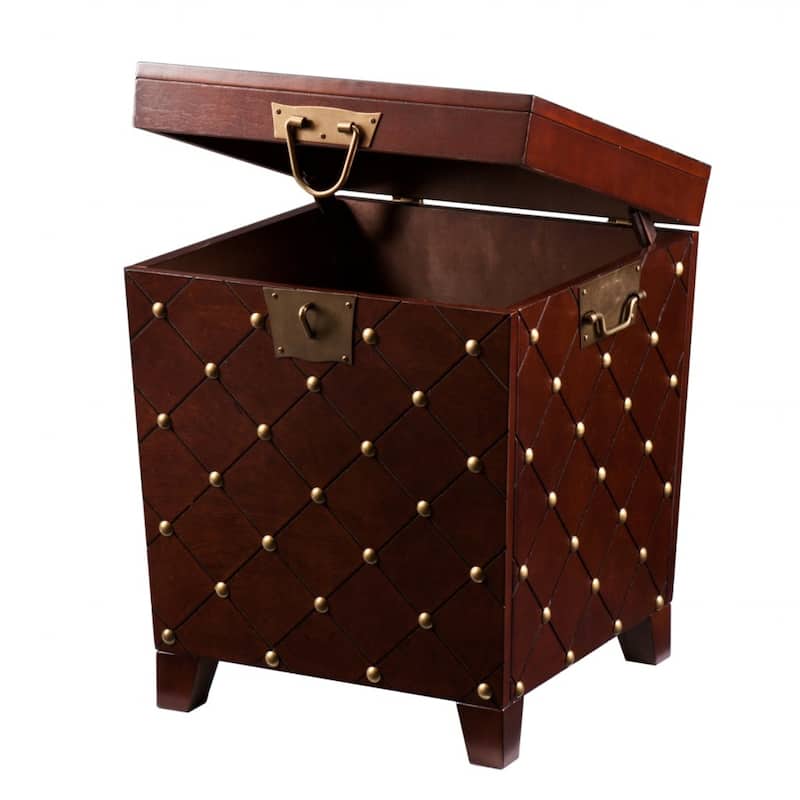 24" Brown MDF Wood Square End Table with Storage and Nailhead Trim for Living Room or Bedroom - 24"H x 21"L x 21.25"W