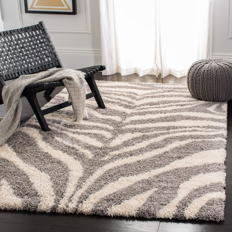 SAFAVIEH Portofino Shag Sjouk 2-inch Thick Rug - 6'7" Square - Ivory/Grey