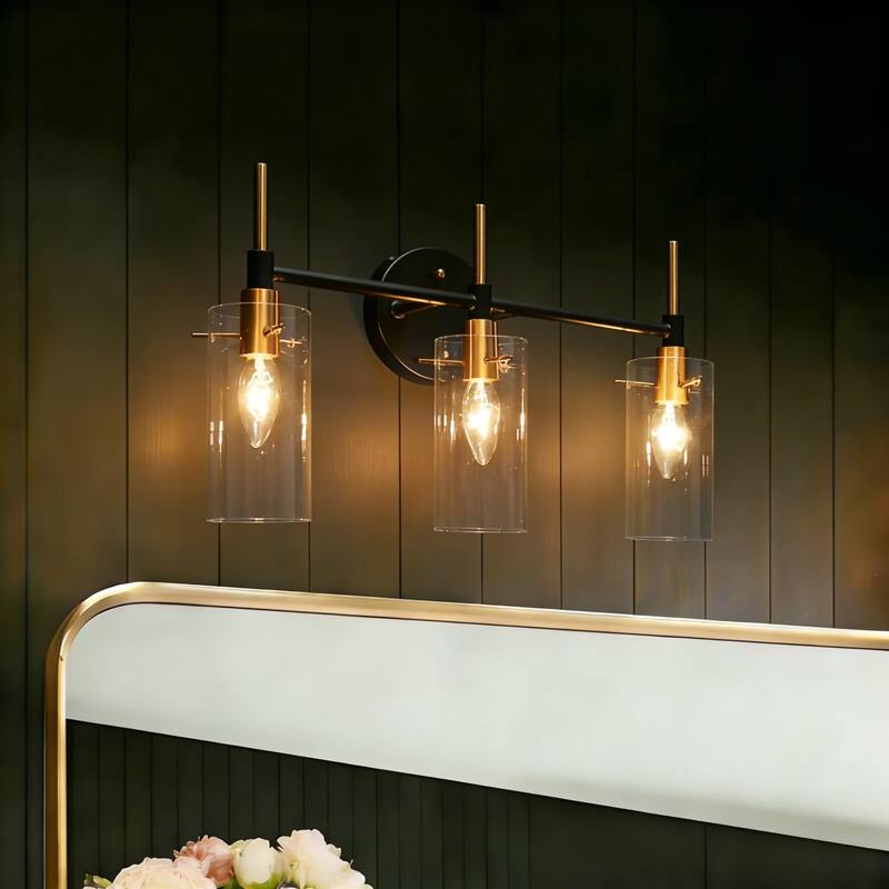 Modern Black Gold Bathroom Vanity Light Dimmable Wall Sconces with Cylinder Clear Glass - 3-Light