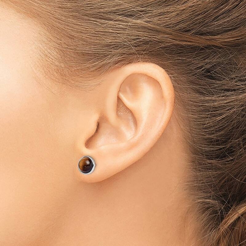 Curata 925 Sterling Silver Rhodium Bezel-set 7mm Tiger's Eye Post Earrings