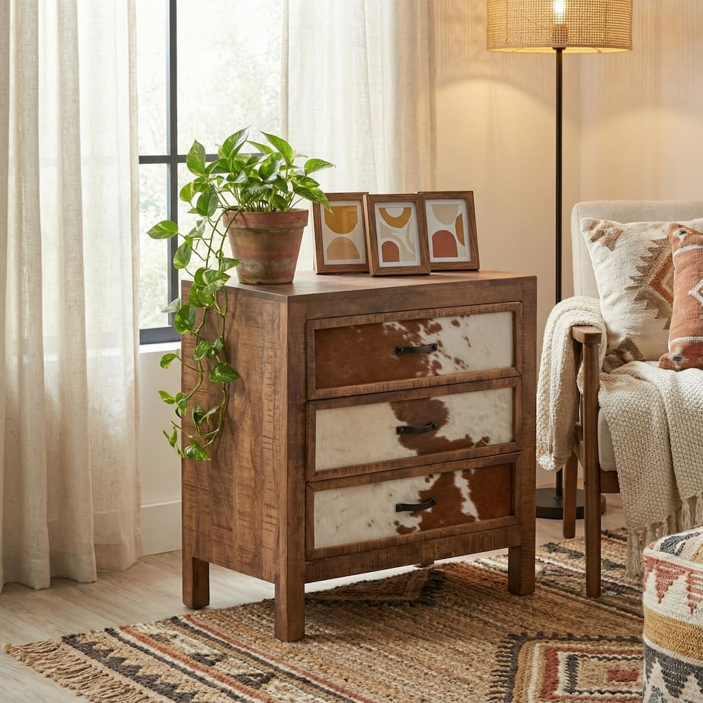 Cowhide Three-Drawer Wooden Chest - Western/ Rustic - 30x17x31