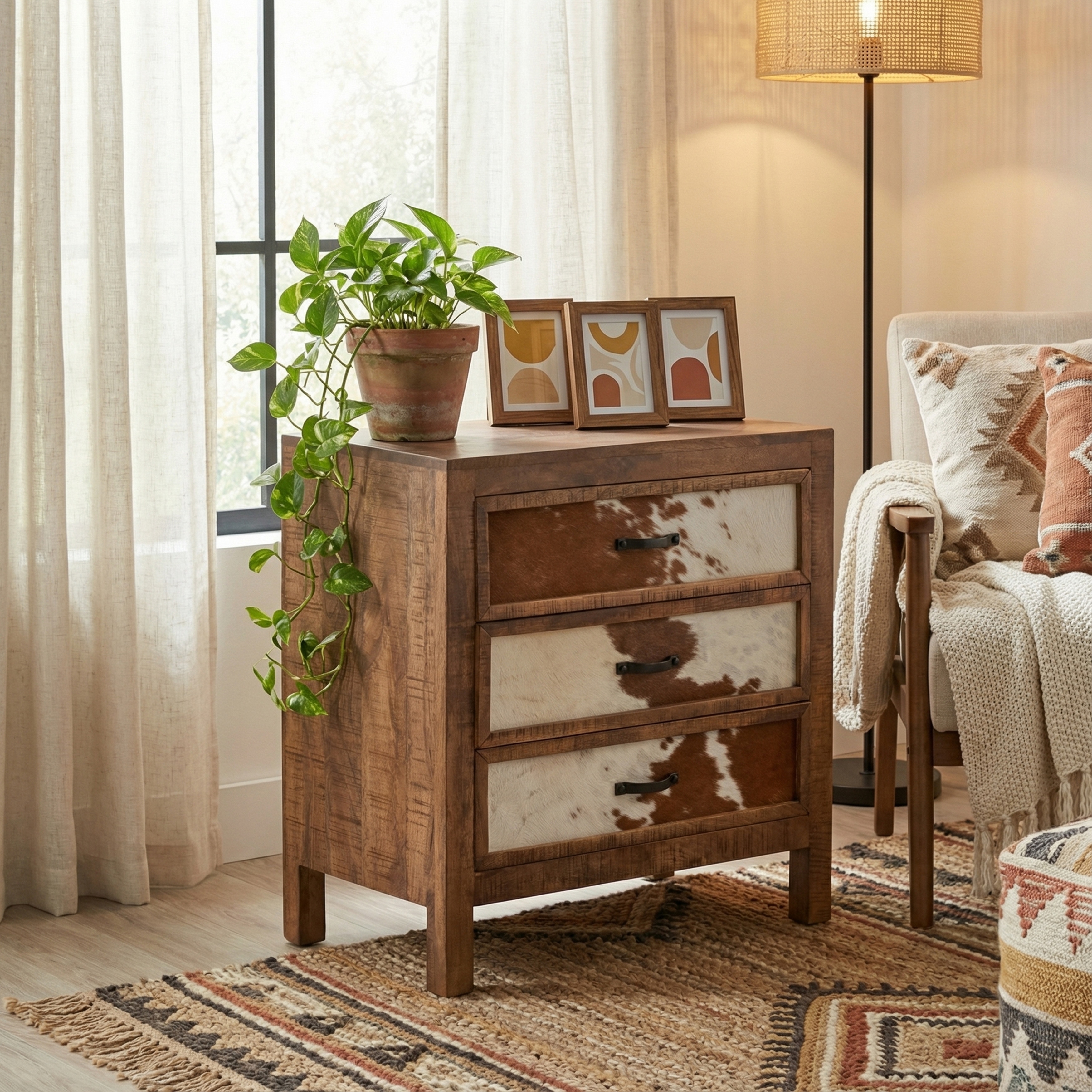 Cowhide Three-Drawer Wooden Chest - Western/ Rustic - 30x17x31