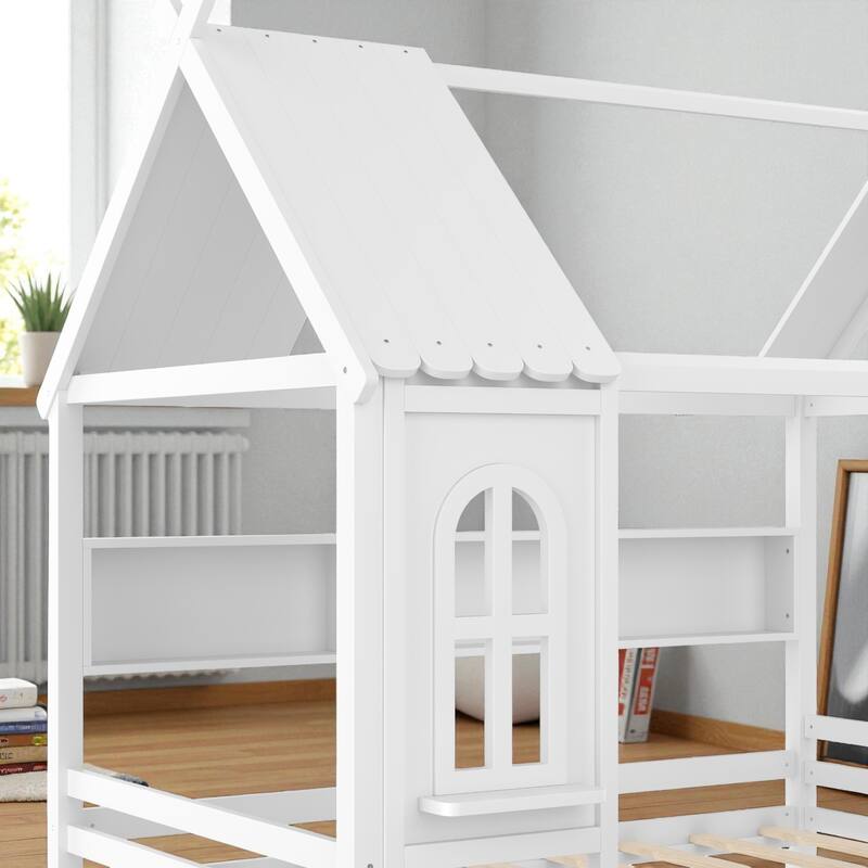 Twin/Full Size Wooden House Bed with Drawers and Shelves, Kids Platform Bed Frame with Window Roof Design