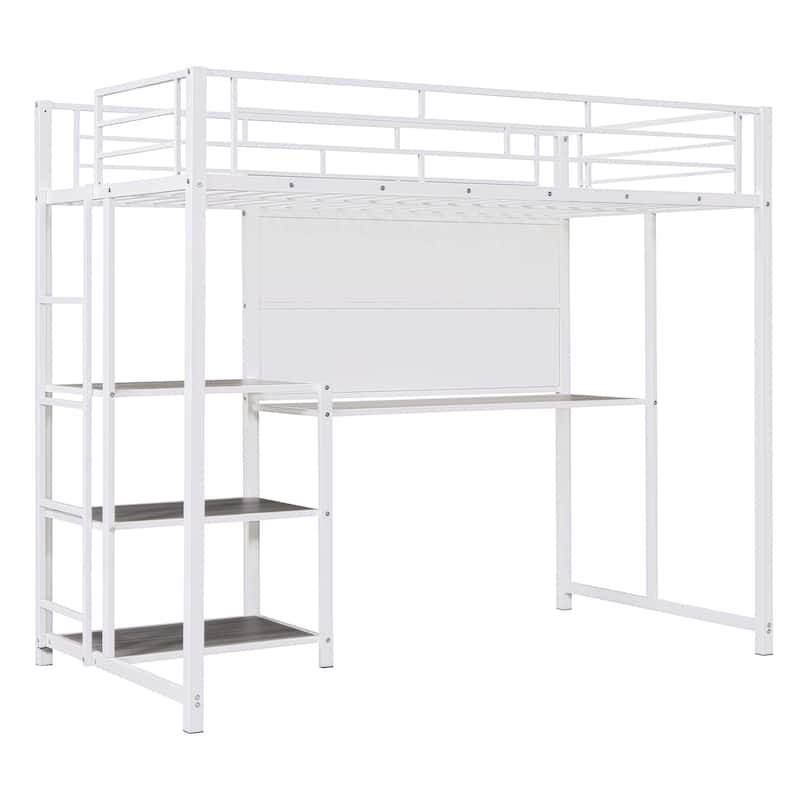 Twin Size Metal Loft Bed with Desk, Shelves, and Ladder - Sturdy Steel Frame for Kids' Exploration