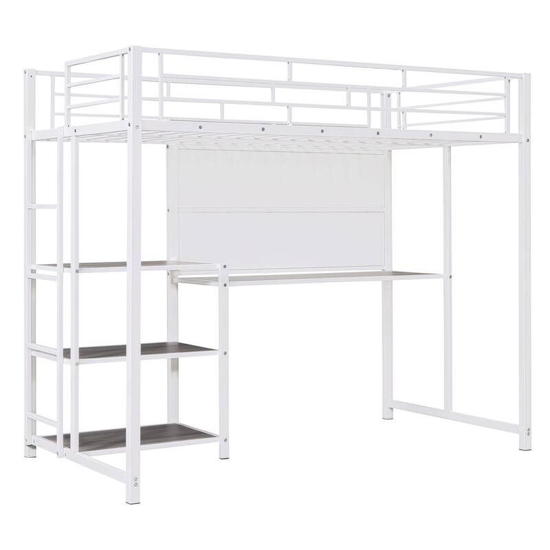 Twin Size Metal Loft Bed with Desk, Shelves, and Ladder
