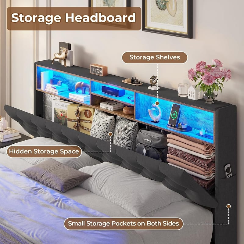 Bed Frame Storage Headboard RGB LED Lights Upholstered Platform
