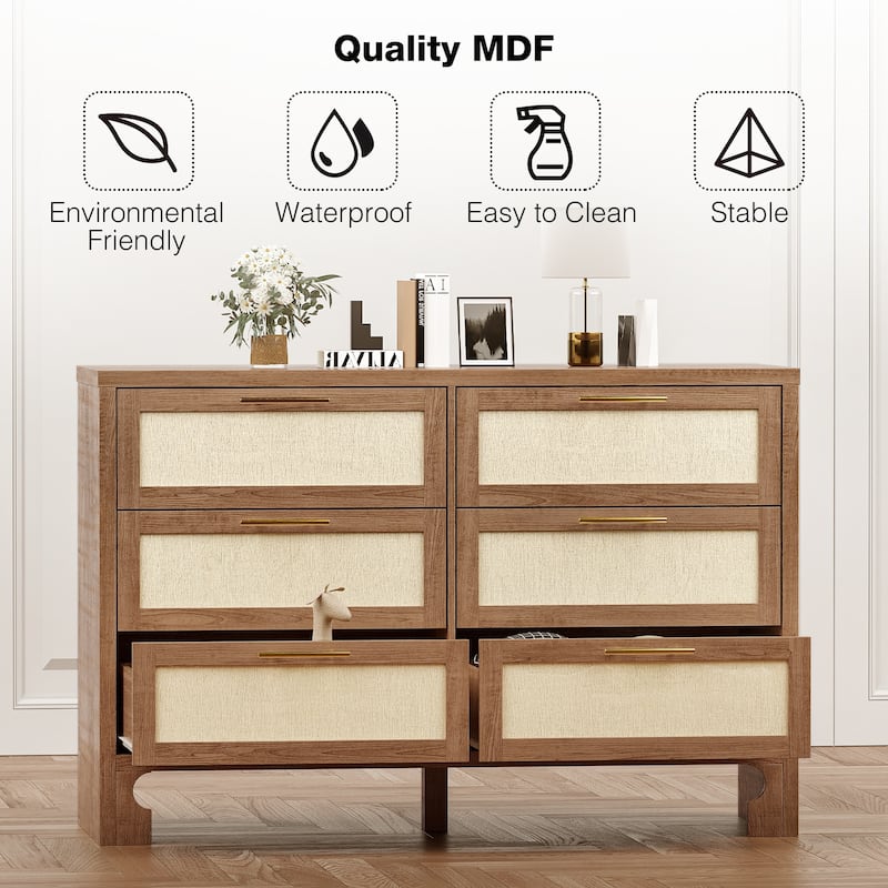 6 Drawers Dresser for Bedroom，Wooden Burlap Design Dressers