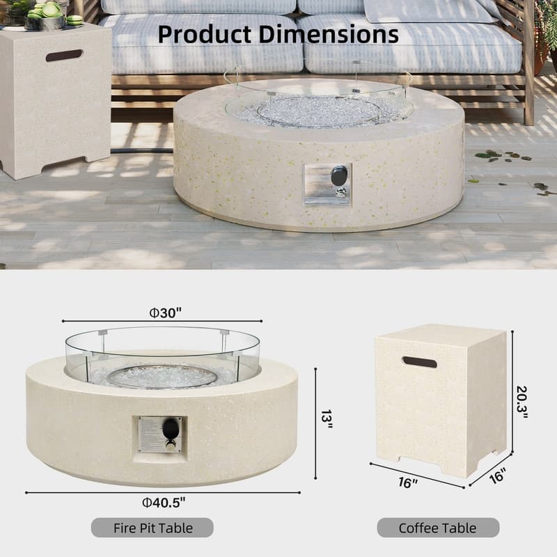 Patio Watcher 42in. Outdoor Round Magnesium Oxide Fire Pit Table with Gas Tank Cover and Wind Guard