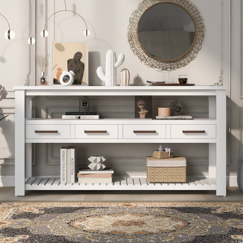 White Entryway Table Sofa Table Side Table with 4 Drawers, Modern Console Table Coffee Table with Open Shelves