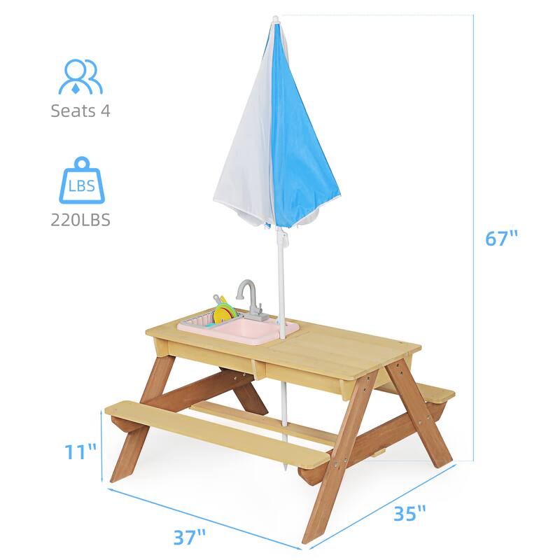 Wooden Kids Picnic Table, Sand and Water Table with Umbrella, Activity Table for Outdoor Backyard Patio Play