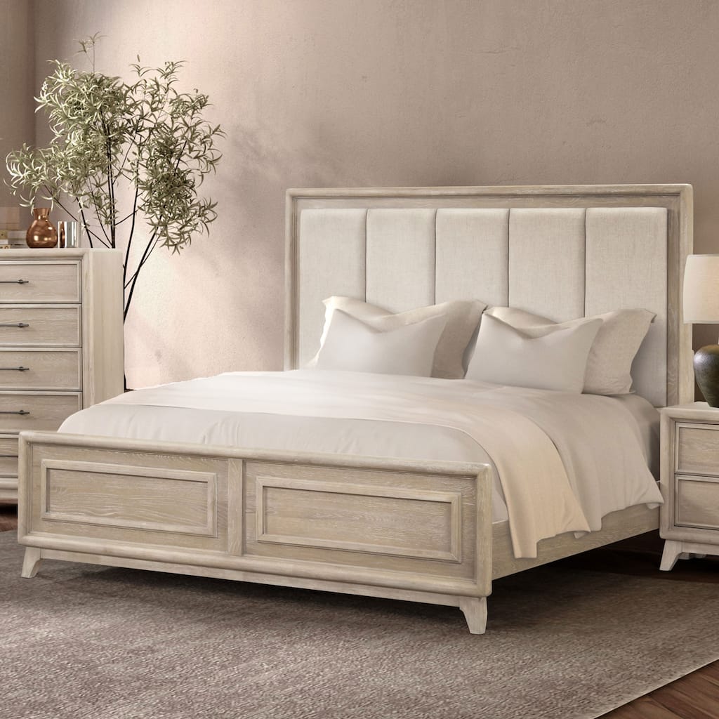 Furniture of America Lioraen Modern Oak Solid Wood Upholstered Channel Panel Bed