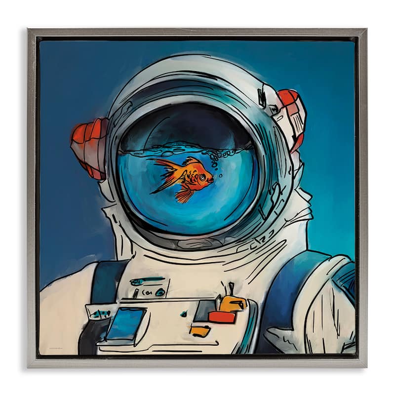 Stupell Goldfish Astronaut Suit Framed Floater Canvas Wall Art Design By Kamdon Kreations - 25 x 25 - Grey