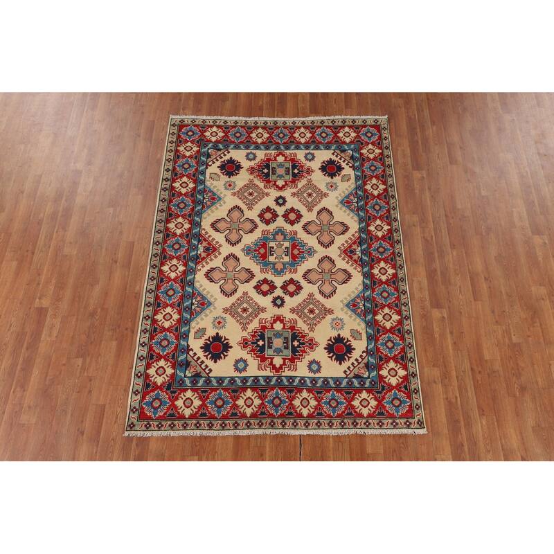Kazak Area Rug Handmade Traditional Beige Wool Carpet - 5'0" x 7'11"