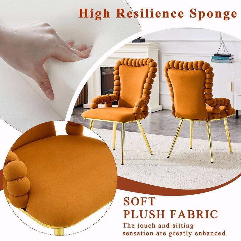 Set of 2 Puffy Bubble Velvet Dining Chairs with Ball Chain Design & Gold Legs