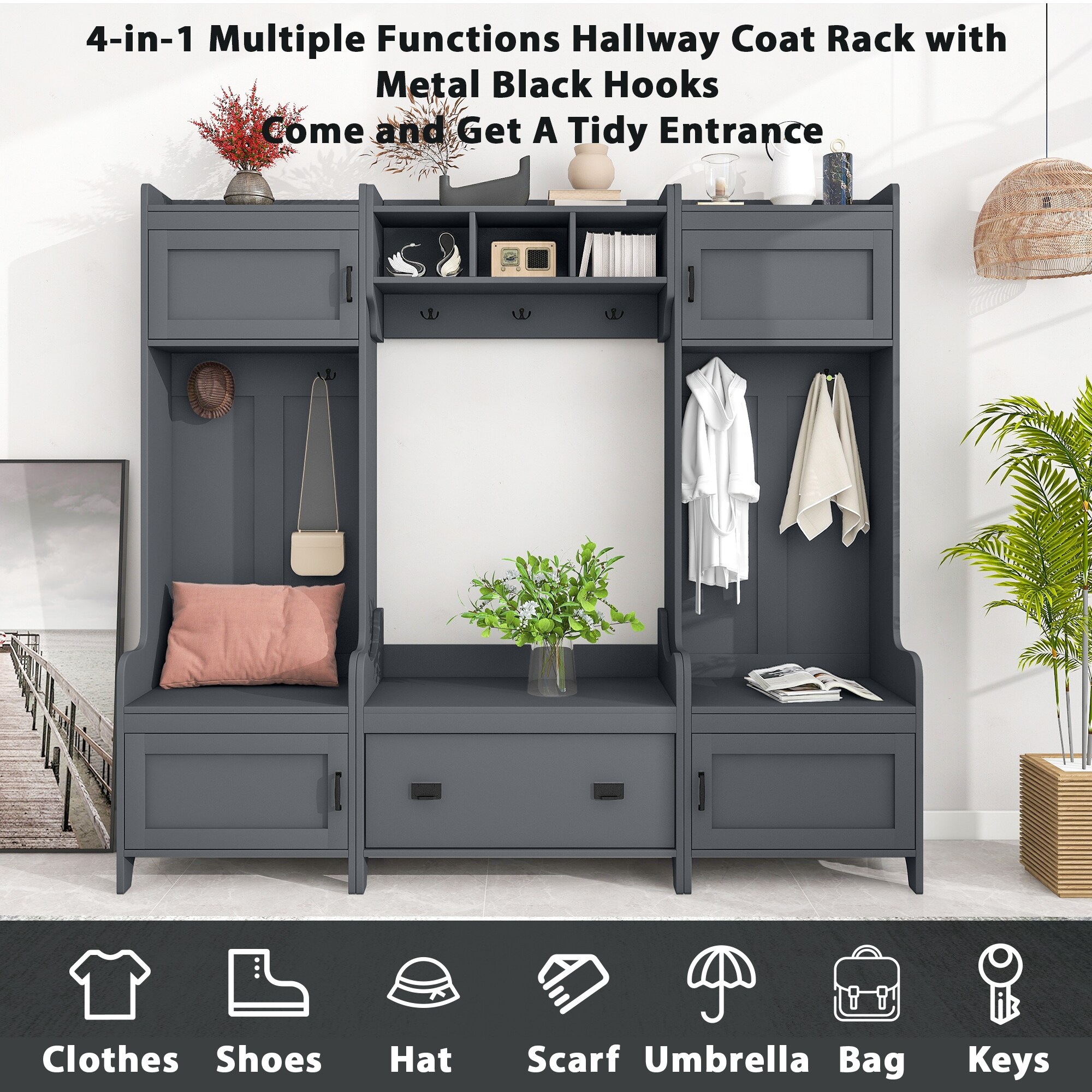 4 in 1 Hall Tree with Coat Rack Storage Bench Drawers Entryway Organizer Grey