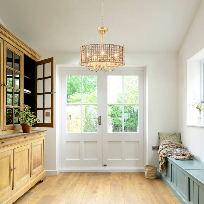18.35inch 5 Lights Adjustable Height Bohemian Chandelier with Hand Woven Rattan Shade Suitable for Multiple Rooms